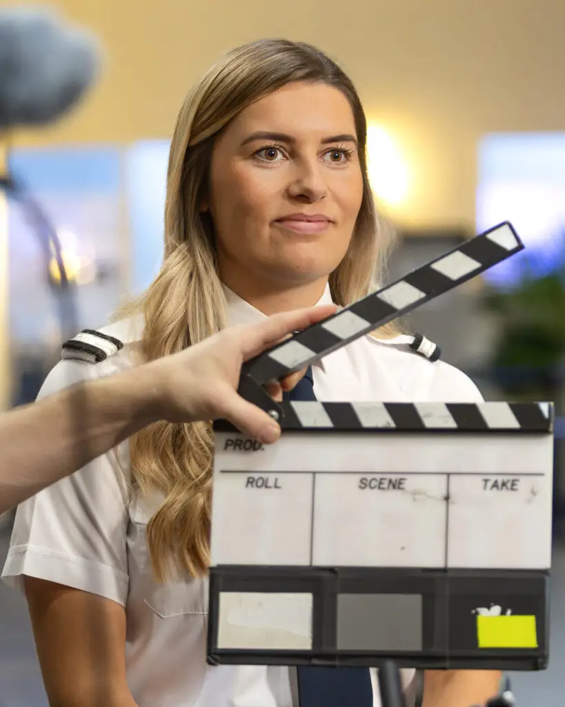 Photographie d'entreprise Montréal - Séance photo lifestyle en milieu de travailan aviation uniform during a filming setup, with a clapperboard in the foreground.